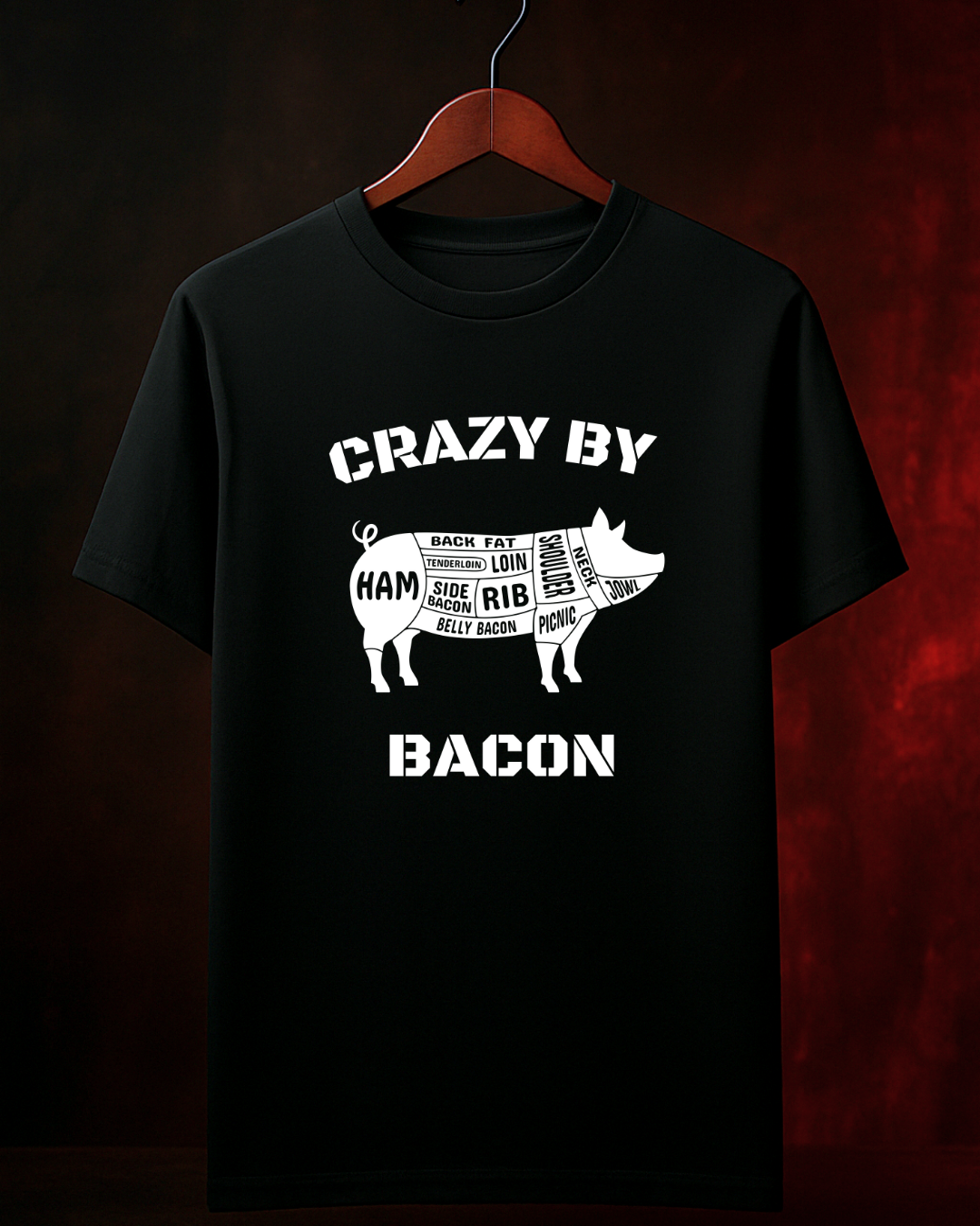 Camiseta CRAZY BY BACON Masculina Preta Algodão 100% Estampa Churrasco