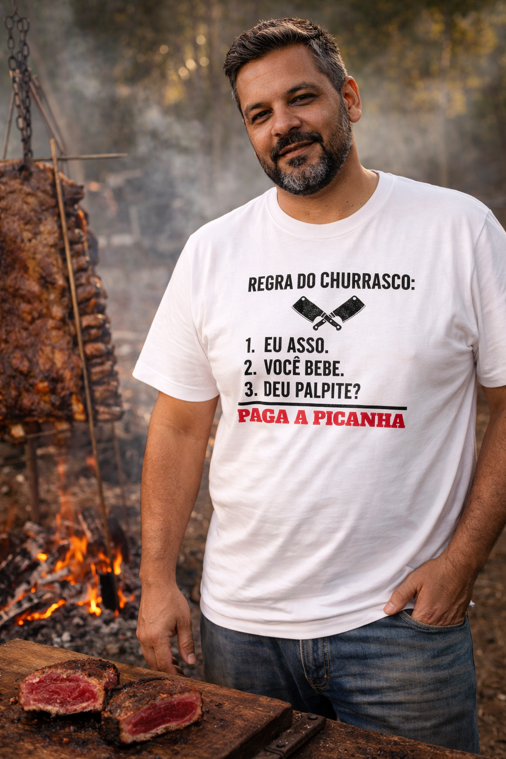 Camiseta Regra do Churrasco Branca humor BBQ masculina - Smokey Wear