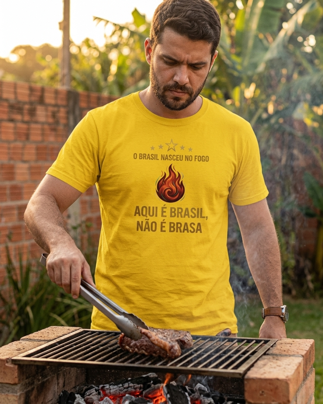 Camiseta “AQUI É BRASIL, NÃO É BRASA” | Amarela, Preta e Branca | 100% Algodão | PP ao 4G