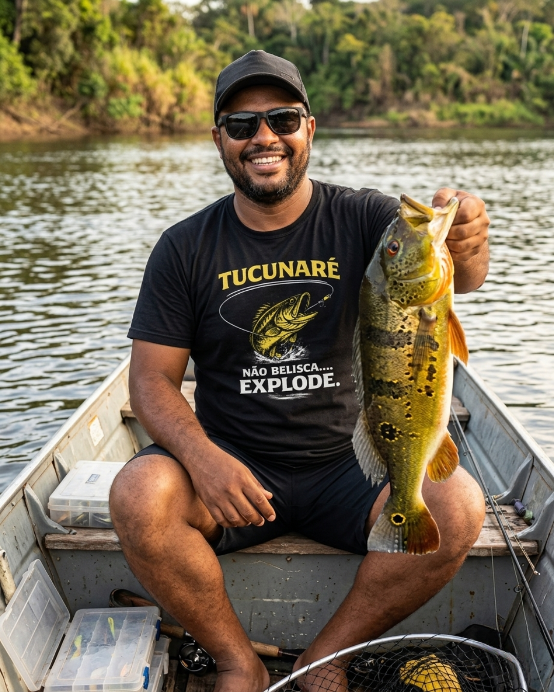 Camiseta Explosão do Tucunaré pesca preta branca masculina - Smokey Wear