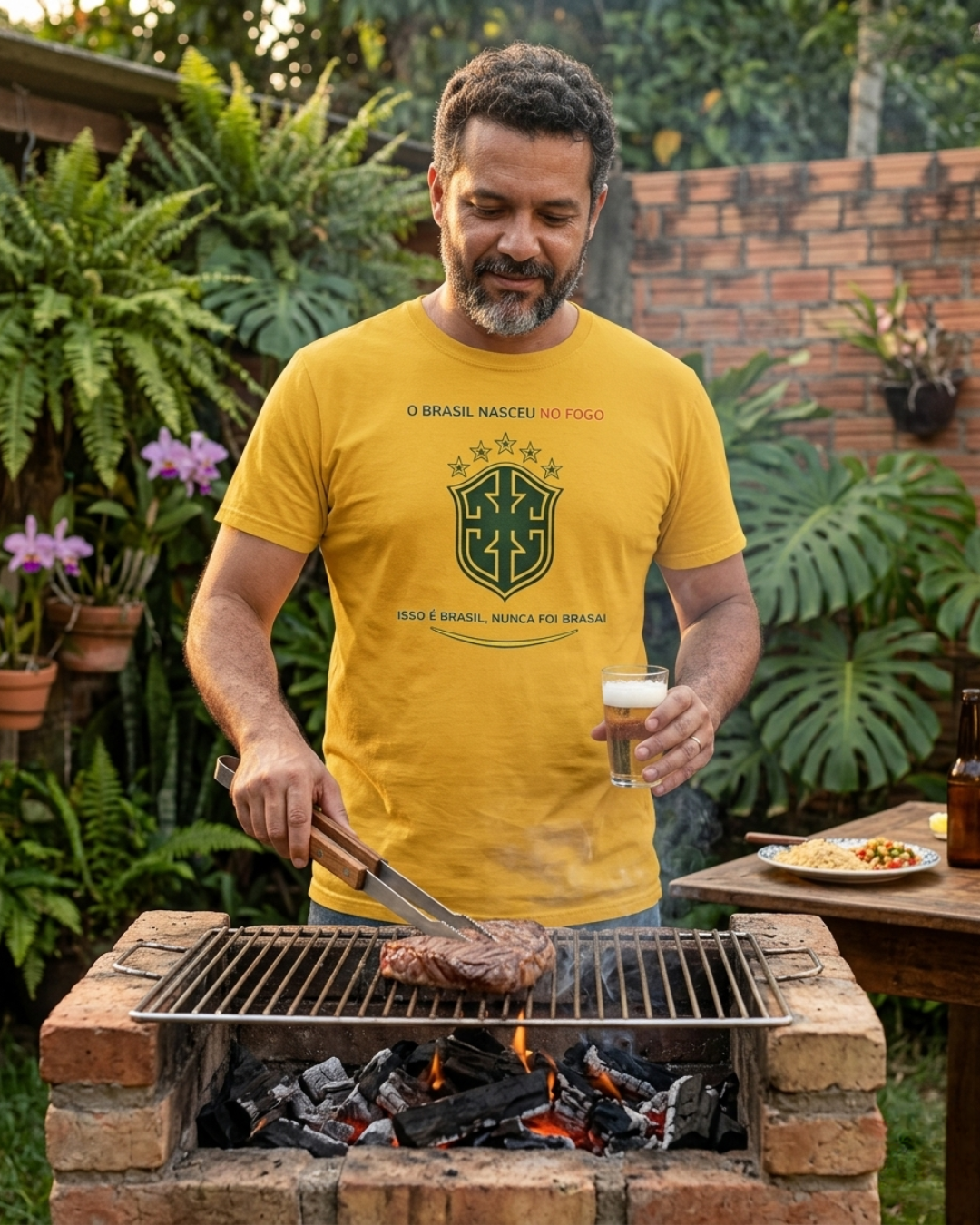 Camiseta “BRASIL NUNCA FOI BRASA2” | Amarela ou Branca | 100% Algodão | PP ao 4G