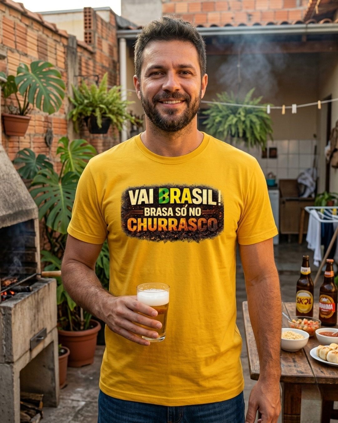 Camiseta “BRASA?? SÓ NO CHURRASCO” | Amarela, Preta,  Branca e Verde  | 100% Algodão | PP ao 4G