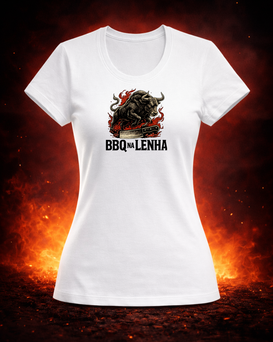 Camiseta BBQ na Lenha Branca feminino vista frontal - Smokey Wear