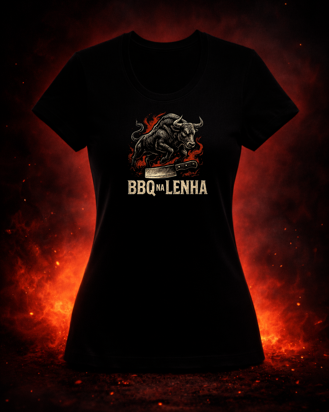 Camiseta BBQ na Lenha Preta feminino vista frontal - Smokey Wear