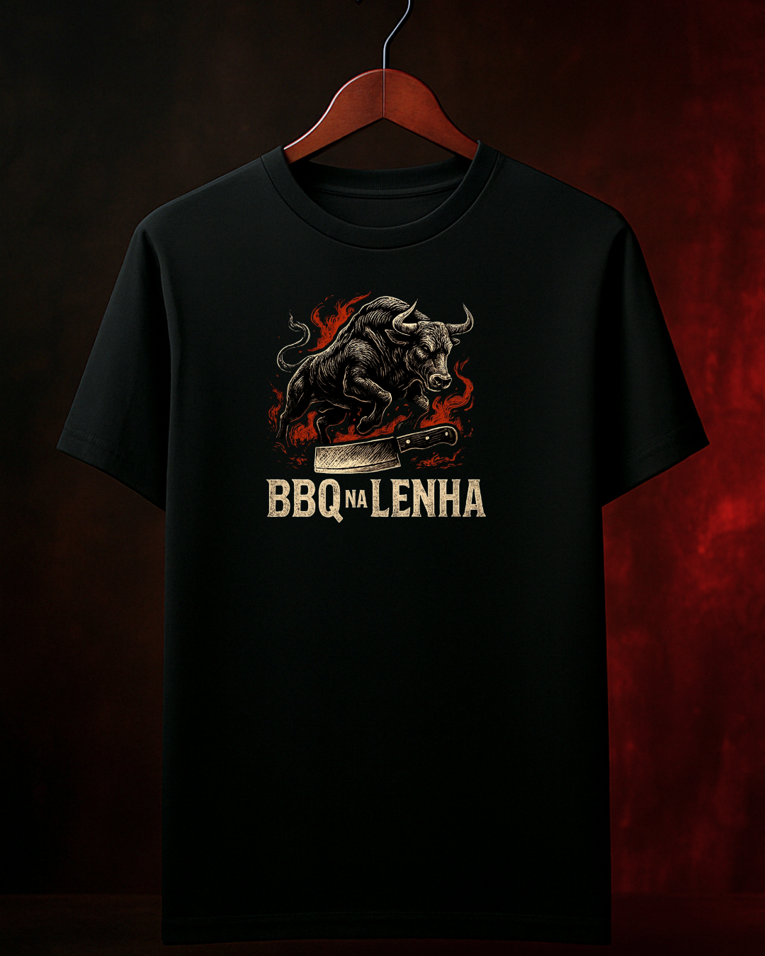 Camiseta BBQ na Lenha Preta detalhe estampa lenha fogo - Smokey Wear