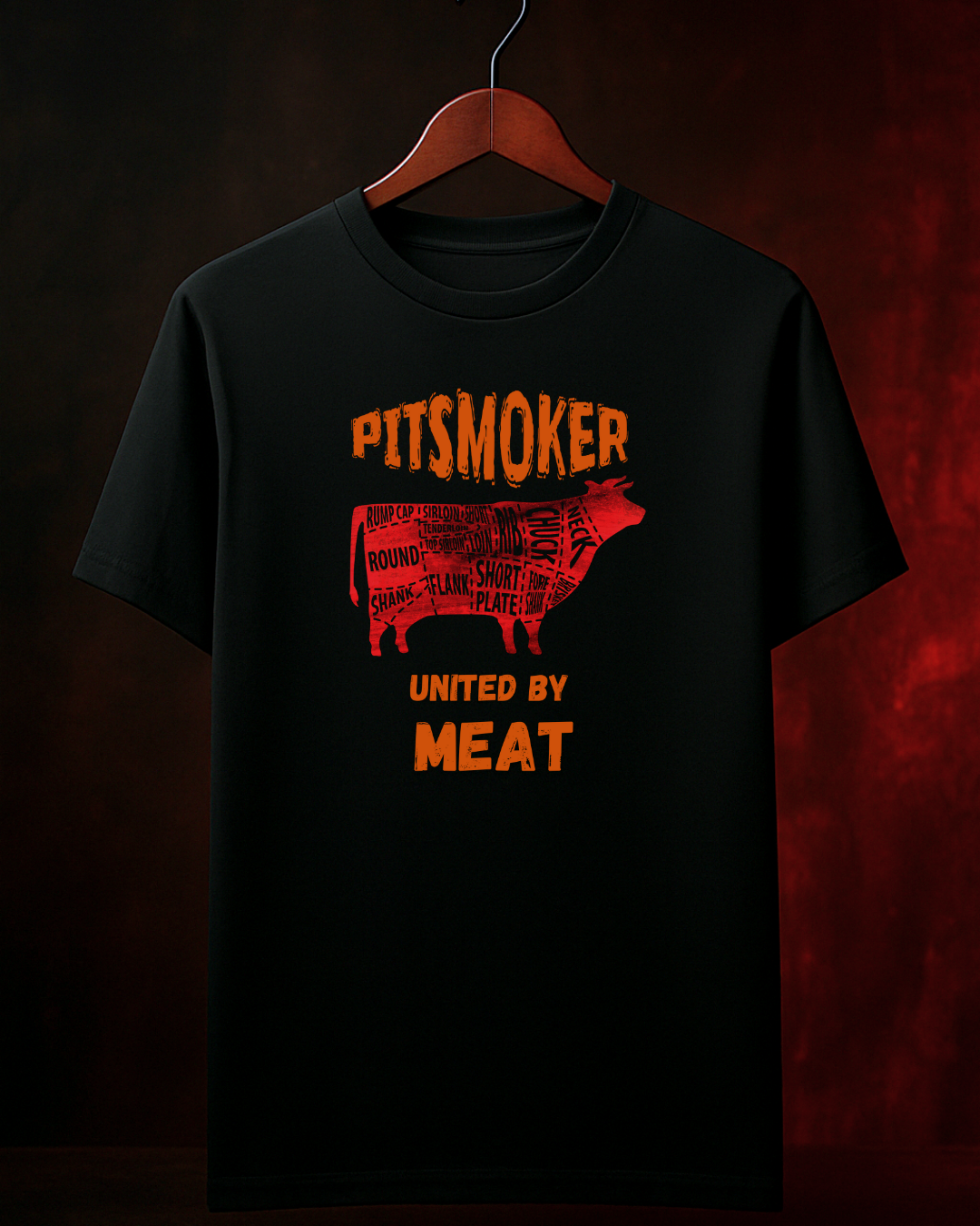 Camiseta PITSMOKER UNITED BY MEAT Masculina Preta Algodão 100% Estampa Churrasco. Tamanhos do P ao 4G