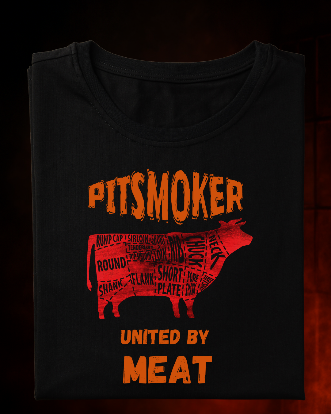 Camiseta PITSMOKER UNITED BY MEAT Masculina Preta Algodão 100% Estampa Churrasco. Tamanhos do P ao 4G