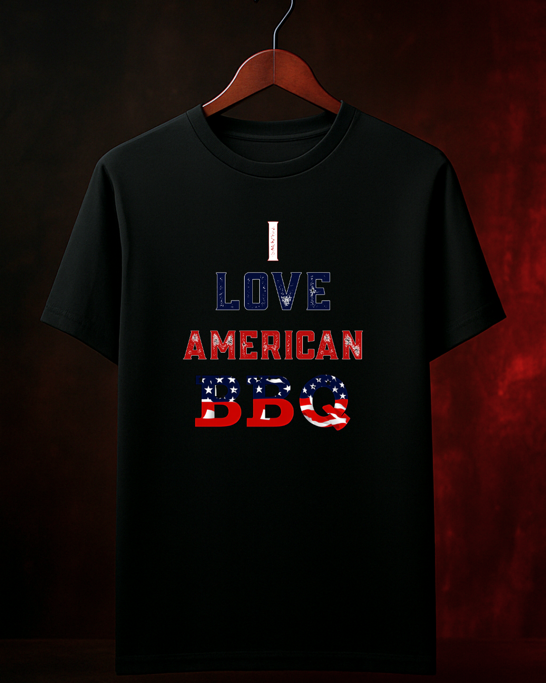 Camiseta I LOVE AMERICAN BBQ Masculina Preta Algodão 100% Estampa Churrasco. Tamanhos do P ao 4G