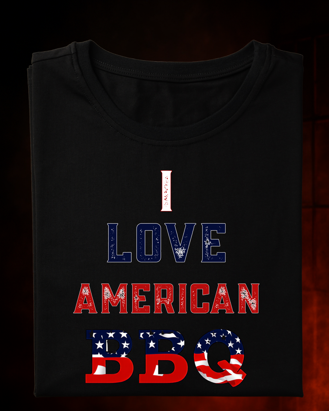 Camiseta I LOVE AMERICAN BBQ Masculina Preta Algodão 100% Estampa Churrasco. Tamanhos do P ao 4G
