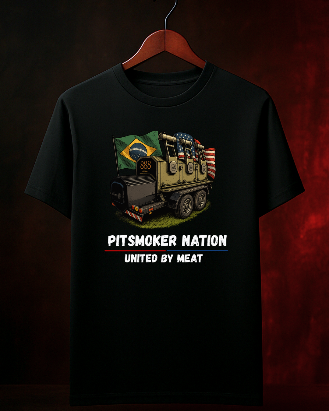 Camiseta PITSMOKER NATIONS Masculina Preta Algodão 100% Estampa Churrasco. Tamanho P ao 4G