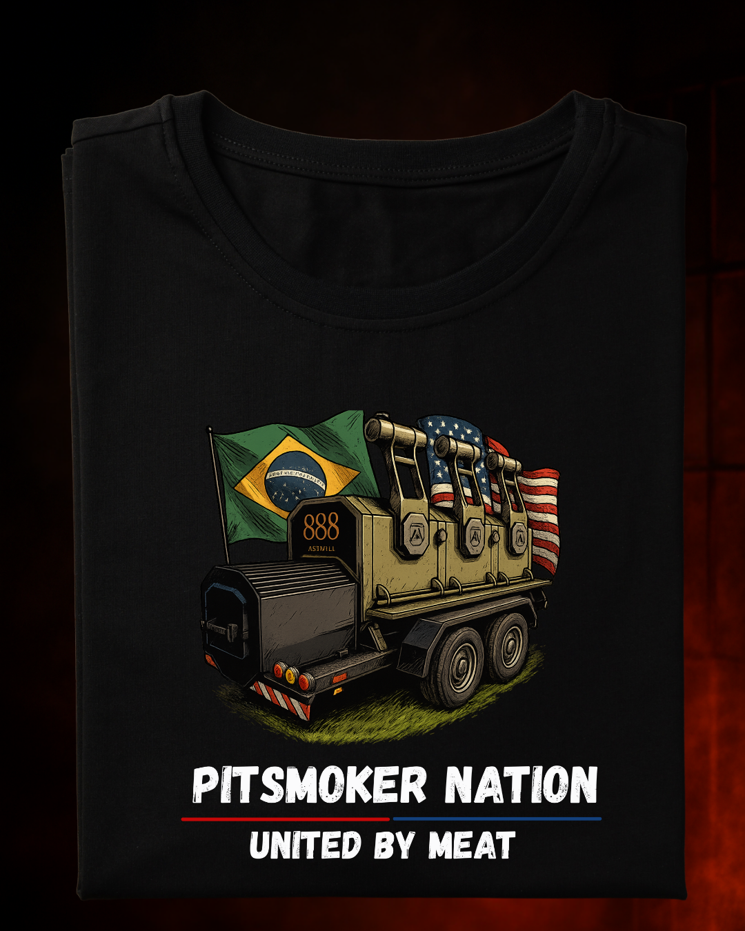 Camiseta PITSMOKER NATIONS Masculina Preta Algodão 100% Estampa Churrasco. Tamanho P ao 4G