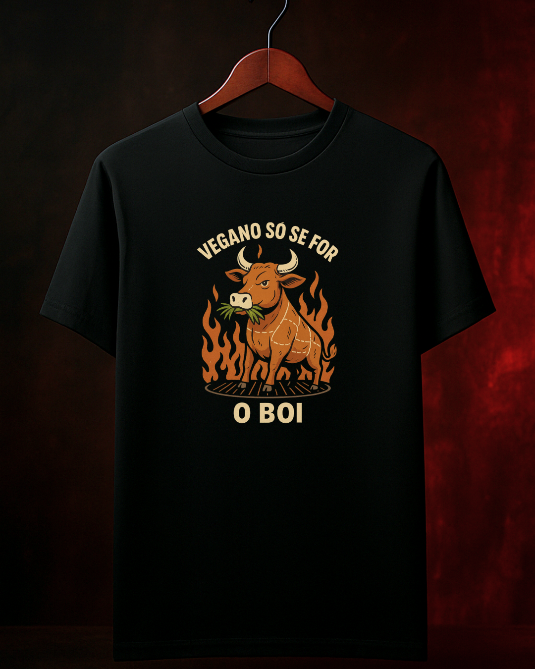 Camiseta Vegano é o Boi 2! Masculina Preta Algodão 100% Estampa Churrasco Tamanhos P ao 4G