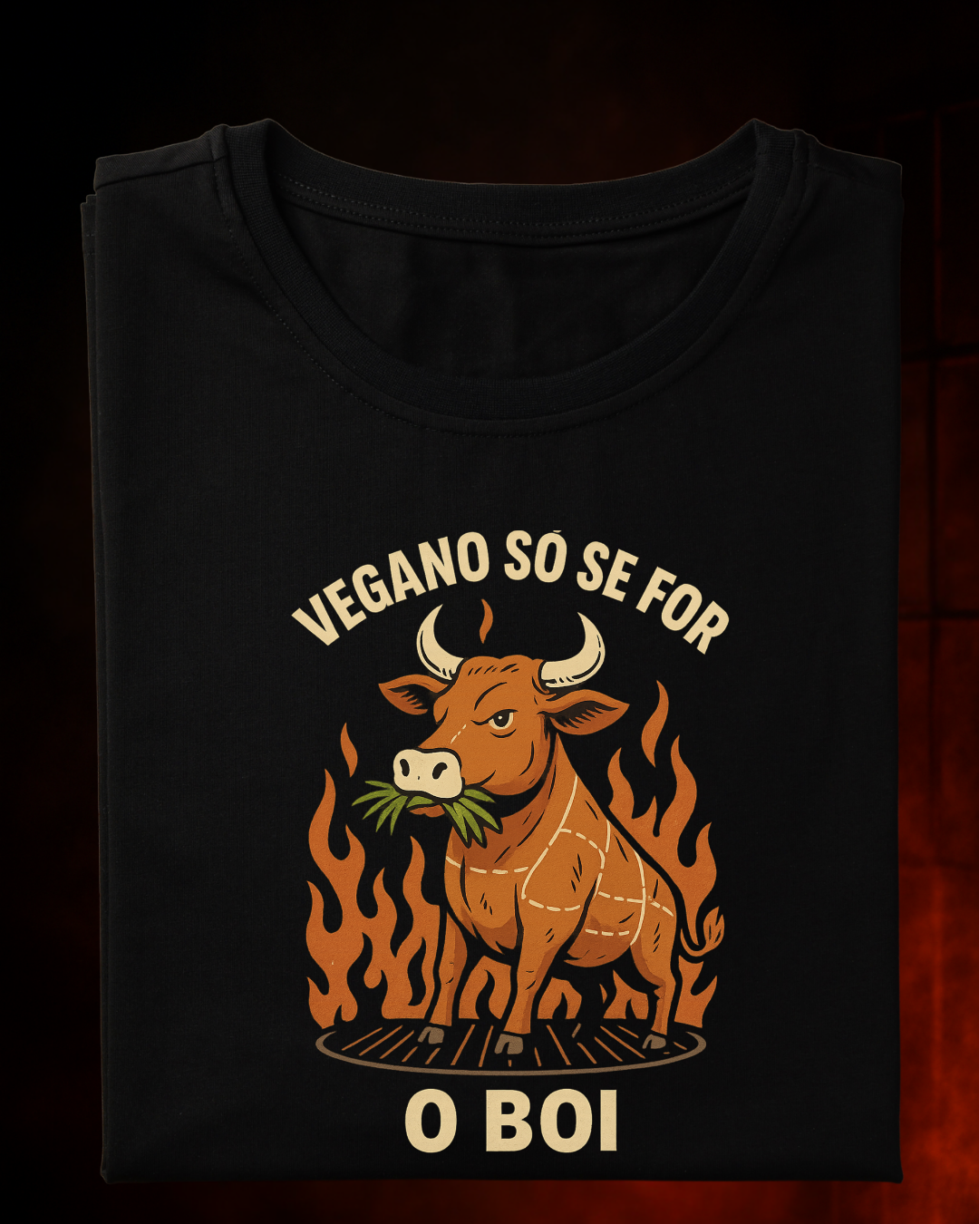 Camiseta Vegano é o Boi 2! Masculina Preta Algodão 100% Estampa Churrasco Tamanhos P ao 4G