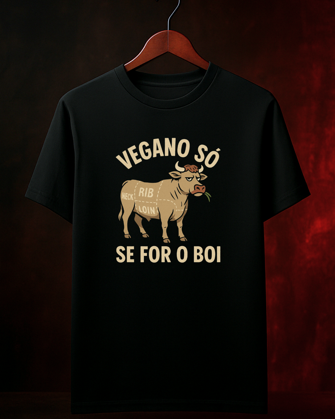 Camiseta Vegano é o Boi! Masculina Preta Algodão 100% Estampa Churrasco Tamanhos P ao 4G