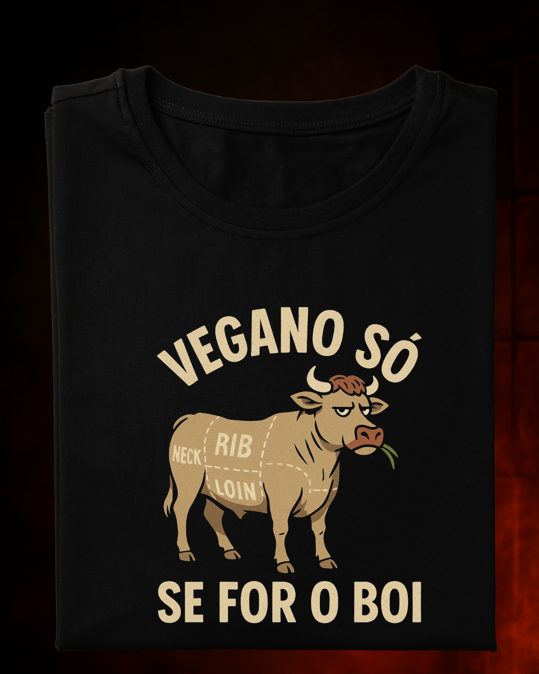 Camiseta Vegano é o Boi! Masculina Preta Algodão 100% Estampa Churrasco Tamanhos P ao 4G
