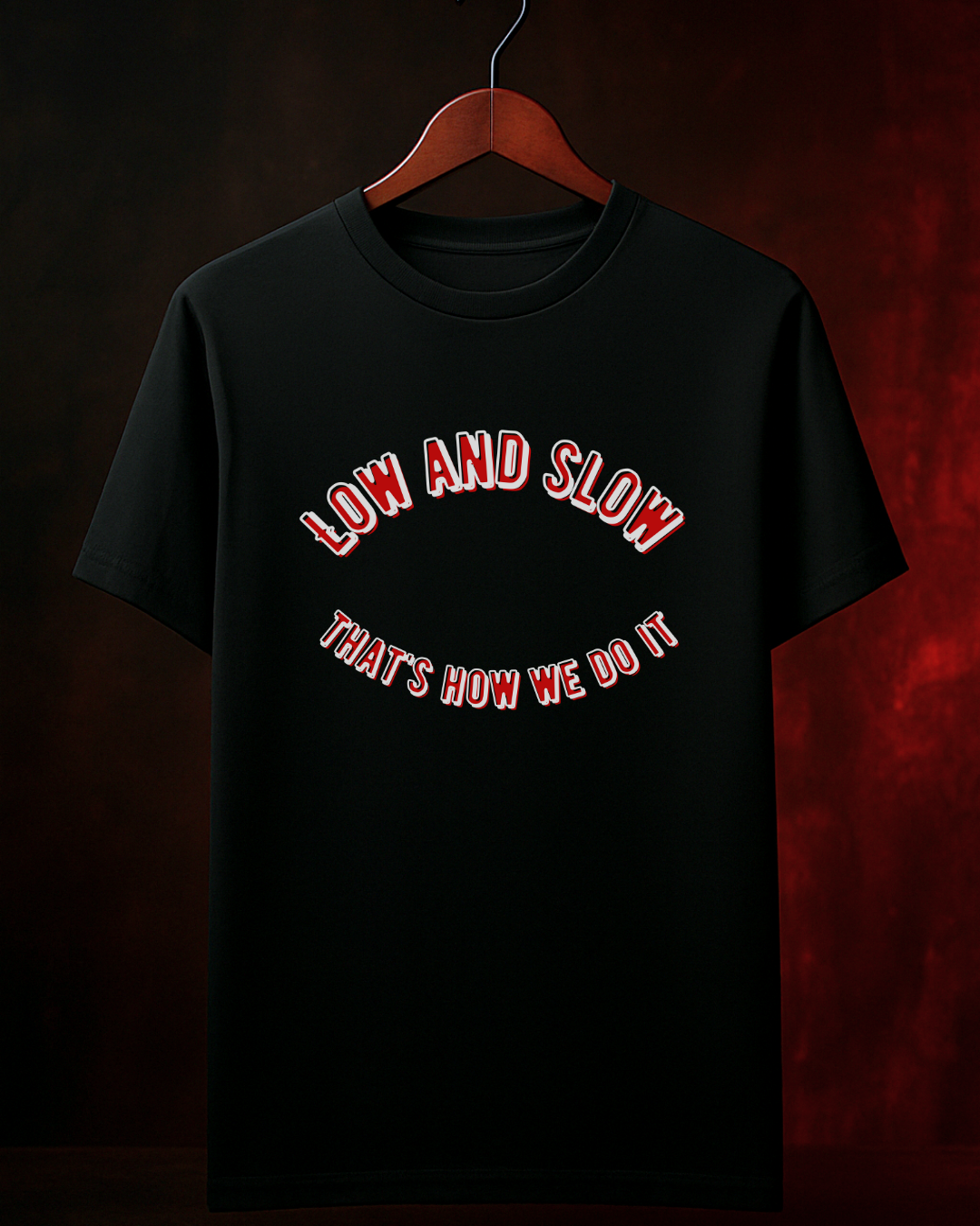 Camiseta LOW AND SLOW Masculina Preta Algodão 100% Estampa Churrasco. Tamanhos do P ao 4G