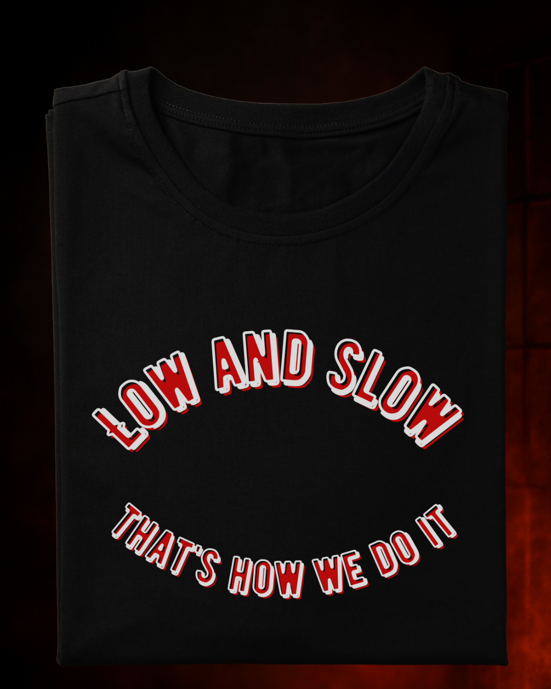 Camiseta LOW AND SLOW Masculina Preta Algodão 100% Estampa Churrasco. Tamanhos do P ao 4G